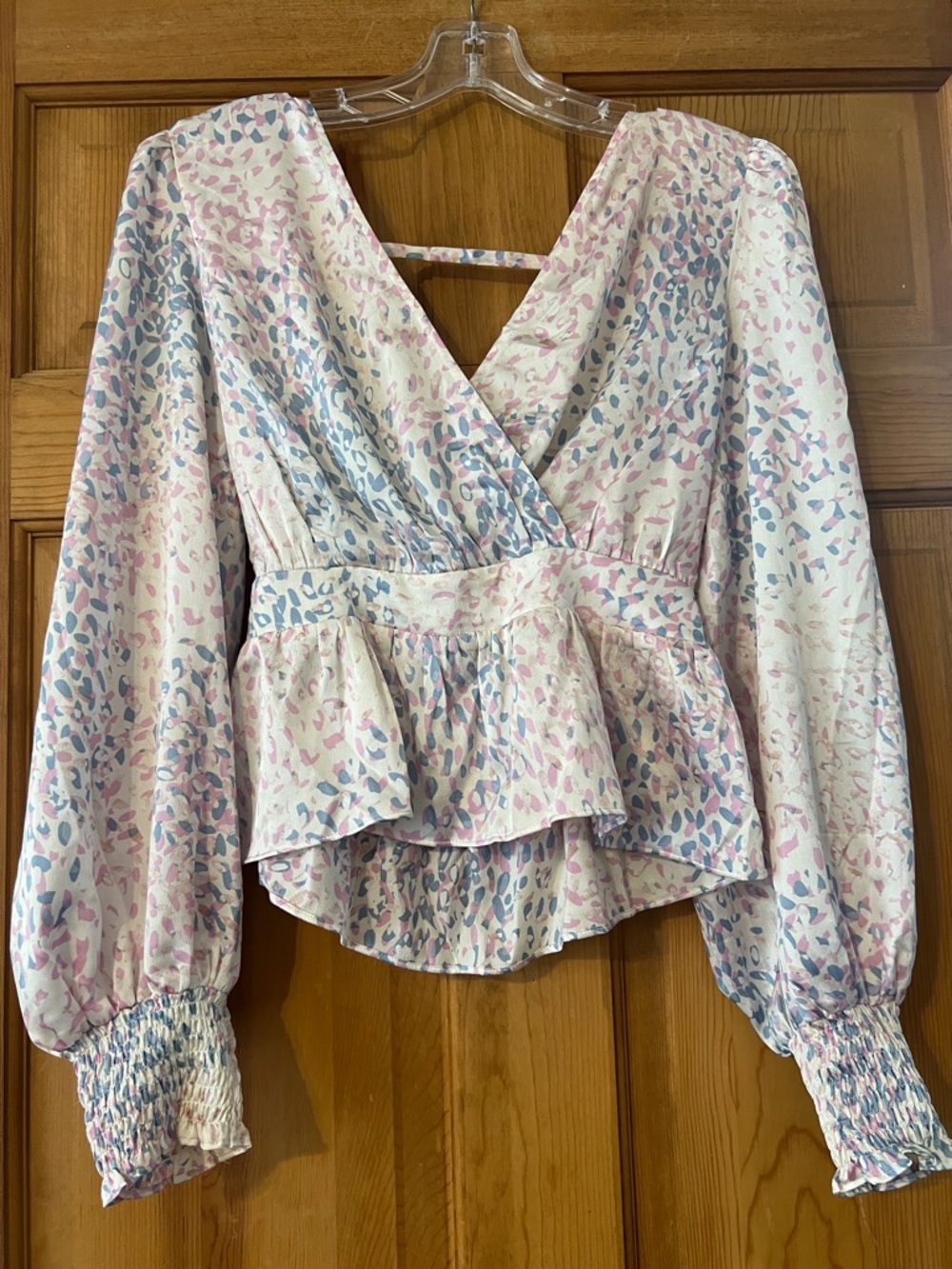Women’s Pink & Blue Print Peplum Wrap Top